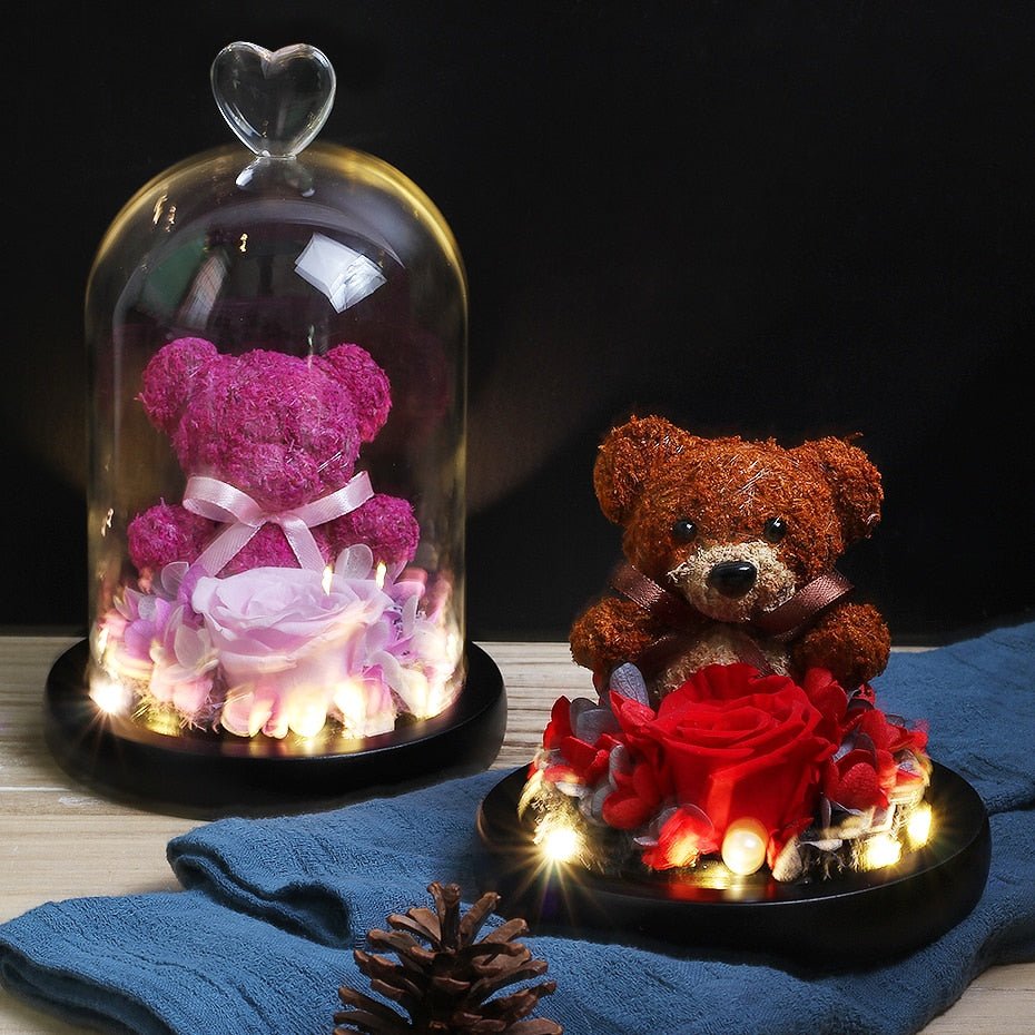 Eternal Rose Teddy Bear Under Bell & Green LED - Eternal Rose Store