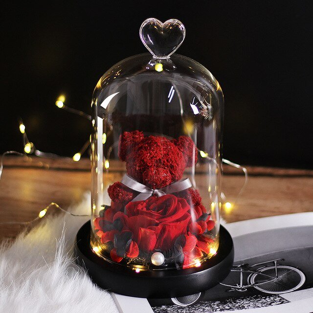 Eternal Rose Teddy Bear Under Bell & Red LED - Eternal Rose Store