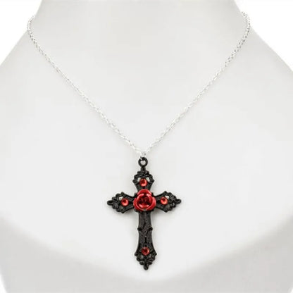 Gothic Black Cross & Red Rose Necklace – Romantic Valentine’s Day Jewelry for Women