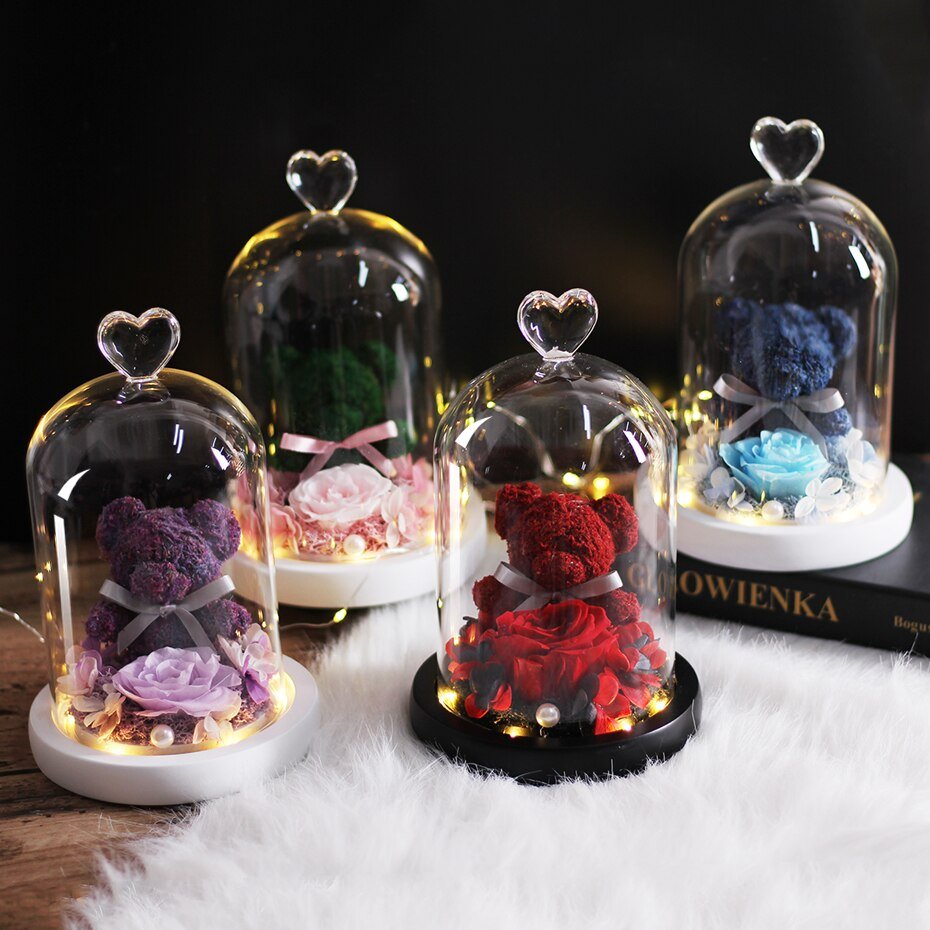 Eternal Rose Teddy Bear Under Bell & Red LED - Eternal Rose Store