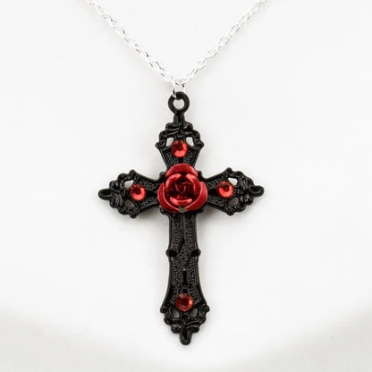 Gothic Black Cross & Red Rose Necklace – Romantic Valentine’s Day Jewelry for Women