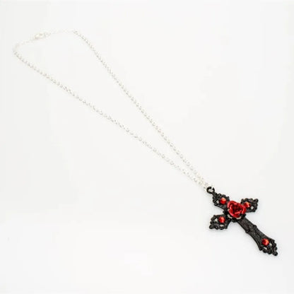 Gothic Black Cross & Red Rose Necklace – Romantic Valentine’s Day Jewelry for Women