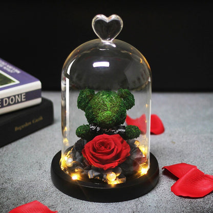 Eternal Rose Teddy Bear Under Bell & Green LED - Eternal Rose Store