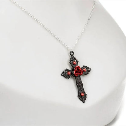 Gothic Black Cross & Red Rose Necklace – Romantic Valentine’s Day Jewelry for Women