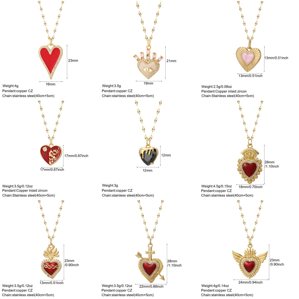 Gold Red Love Pendant Necklace - Heart Charm on Long Stainless Steel Chain