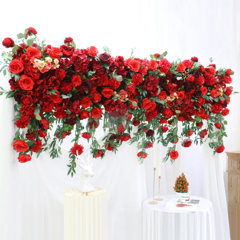 Luxury Red Flower Wall with Willow Leaves – Elegant Wedding Backdrop & Party Decor