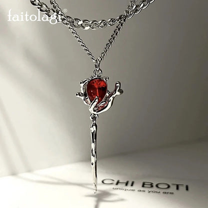 Double Layer Red Zircon Rose Pendant Necklace – Floral Aesthetic Layered Chain Jewelry