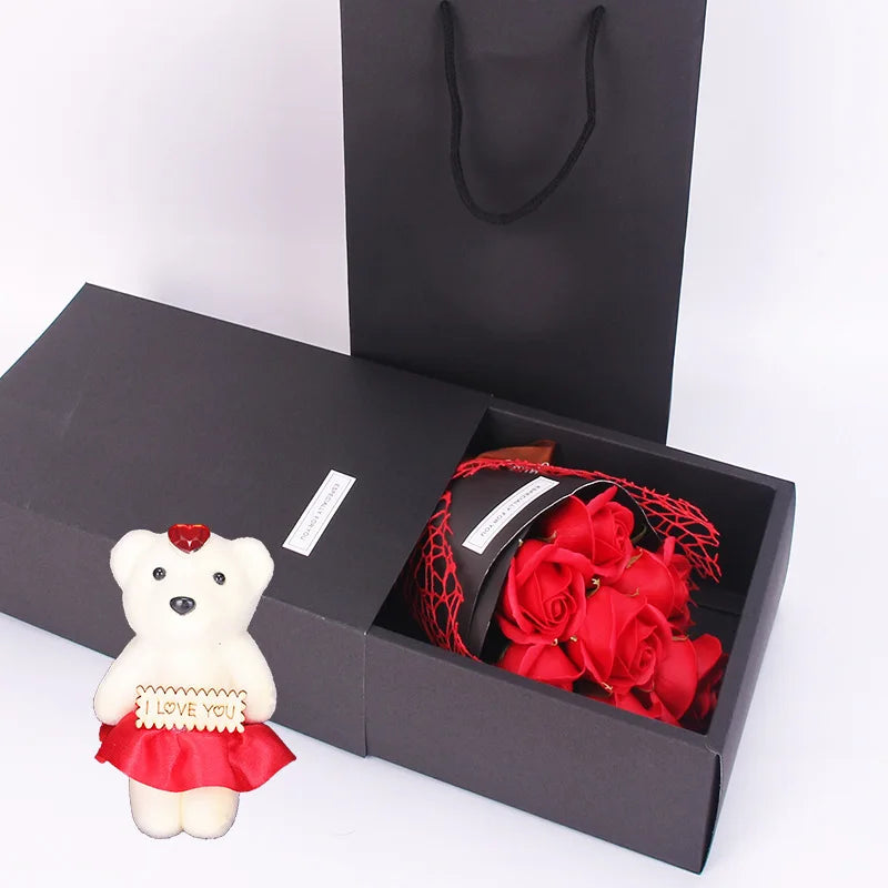 Gift box 7-Rose Artificial Bouquet with Bear