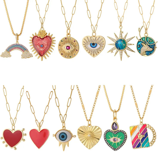 Gold Heart, Moon, & Star Necklace with Blue Eye Pendant