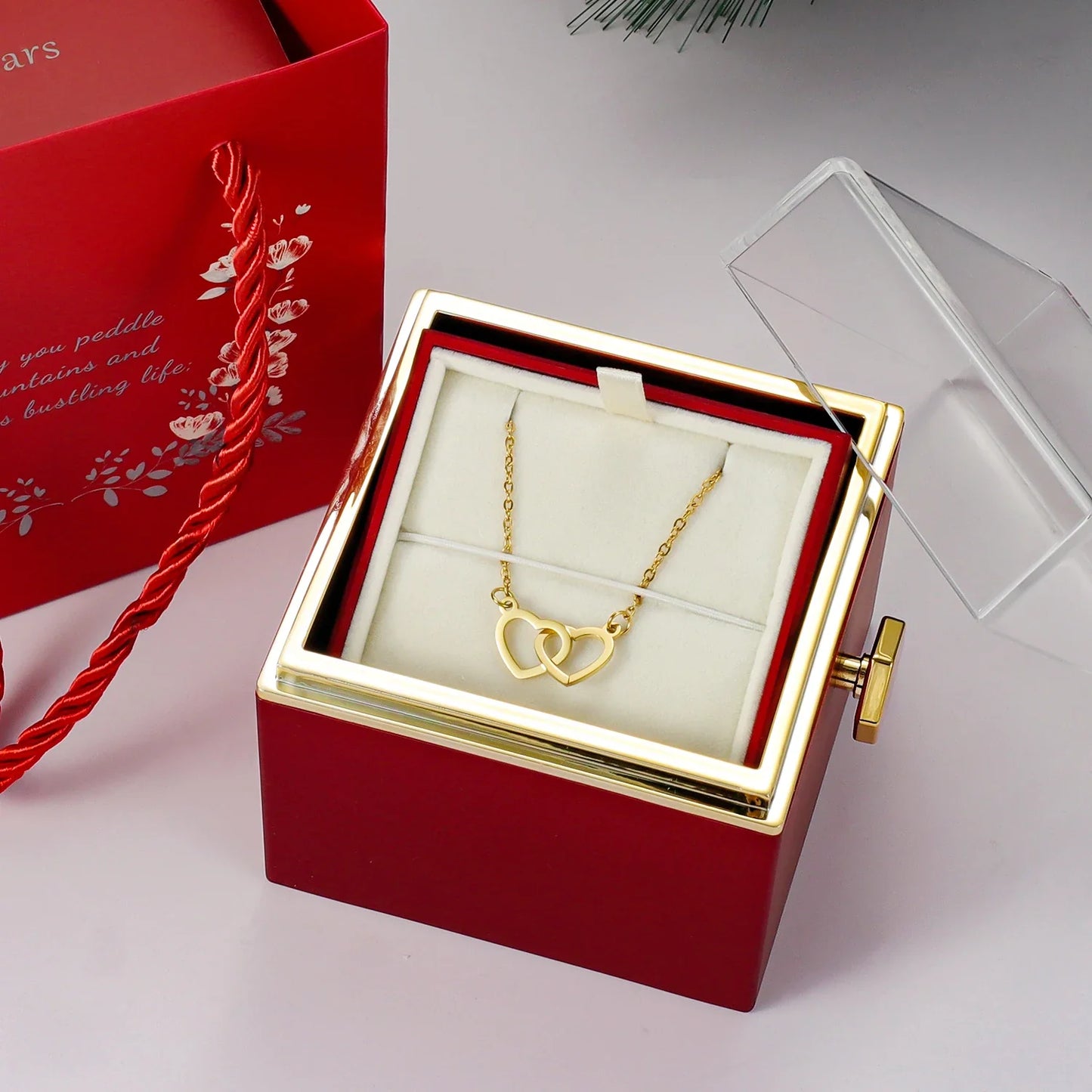 Royal Red Eternal Rose Gift Box with Heart Pendant Necklace