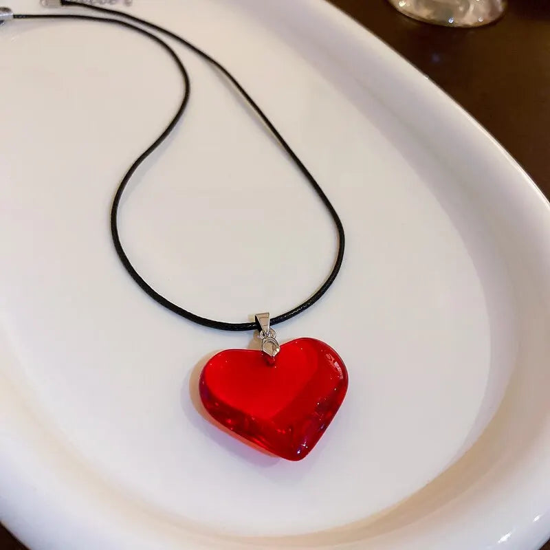 Red Heart Pendant Necklace - Glass Crystal on Black Leather Rope Chain