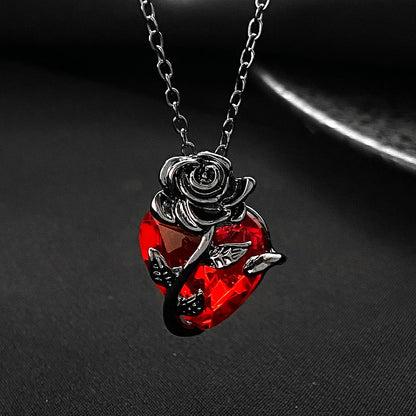 Gothic Red Rose Heart Necklace for Women- Silver Pendant Jewelry