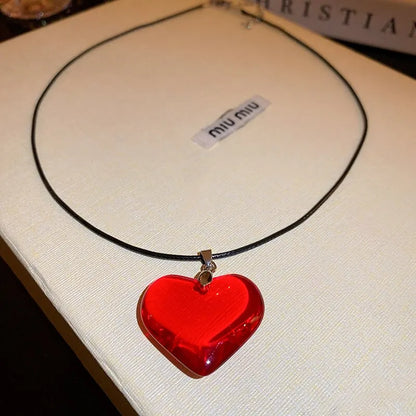 Red Heart Pendant Necklace - Glass Crystal on Black Leather Rope Chain