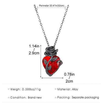 Gothic Red Rose Heart Necklace for Women- Silver Pendant Jewelry