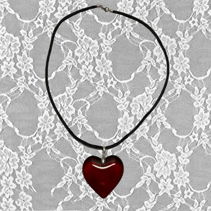 Red Heart Necklace - Vintage Big Pendant with Rope Chain