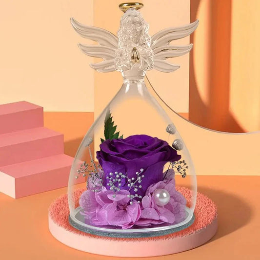 Purple Eternal Rose with Angel Glass Dome