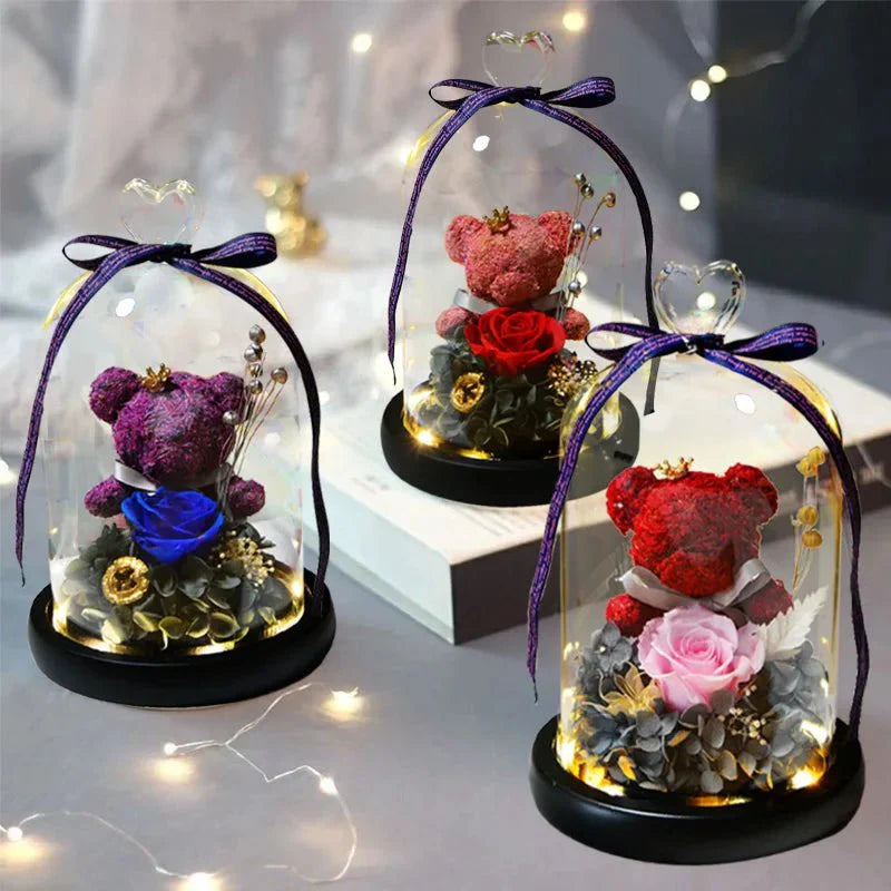 Blue Teddy Bear and Rose Bouquet Under Glass Dome