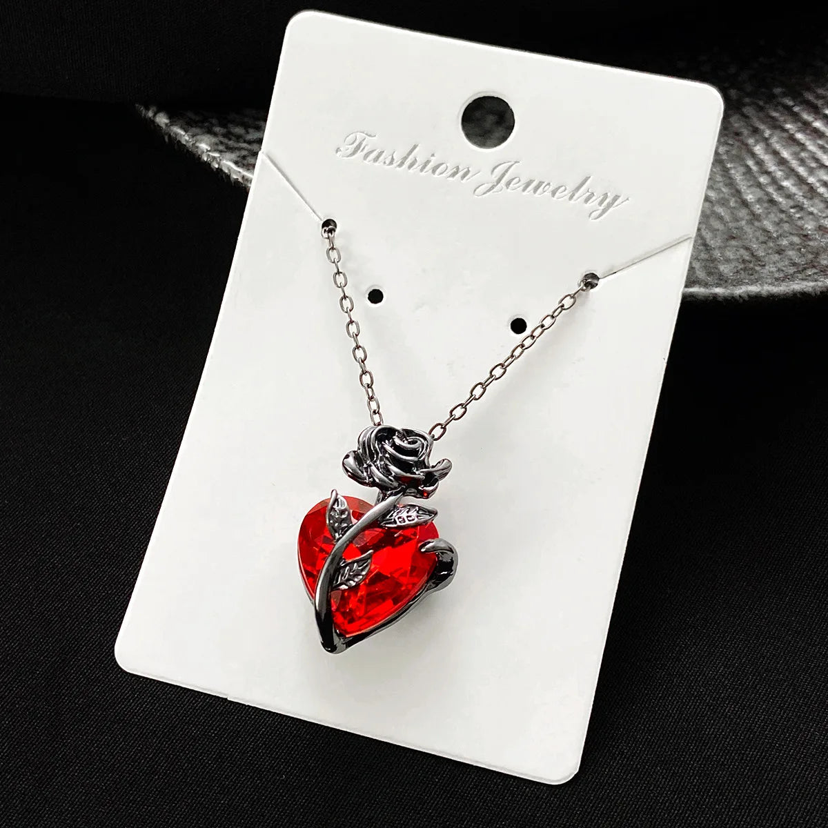 Gothic Red Rose Heart Necklace for Women- Silver Pendant Jewelry