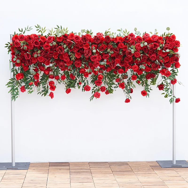 Luxury Red Flower Wall with Willow Leaves – Elegant Wedding Backdrop & Party Decor