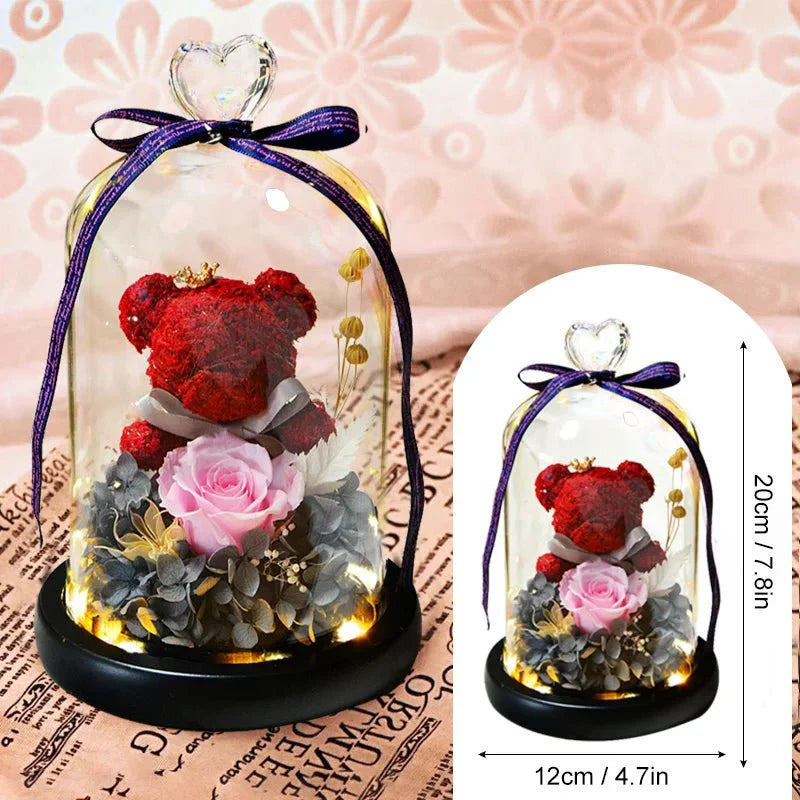 Red Rose and Teddy Bear Bouquet Under Glass Dome