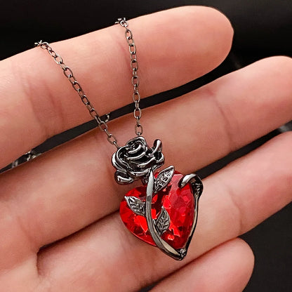 Gothic Red Rose Heart Necklace for Women- Silver Pendant Jewelry