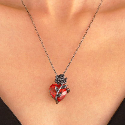 Gothic Red Rose Heart Necklace for Women- Silver Pendant Jewelry