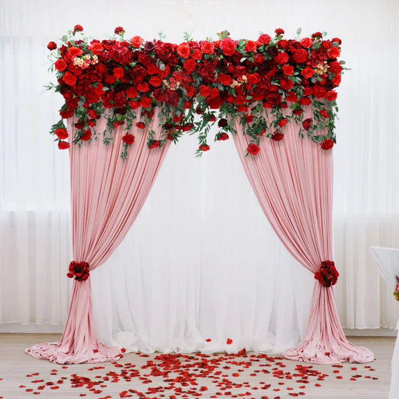 Luxury Red Flower Wall with Willow Leaves – Elegant Wedding Backdrop & Party Decor