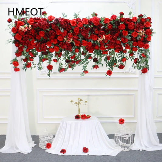 Luxury Red Flower Wall with Willow Leaves – Elegant Wedding Backdrop & Party Decor