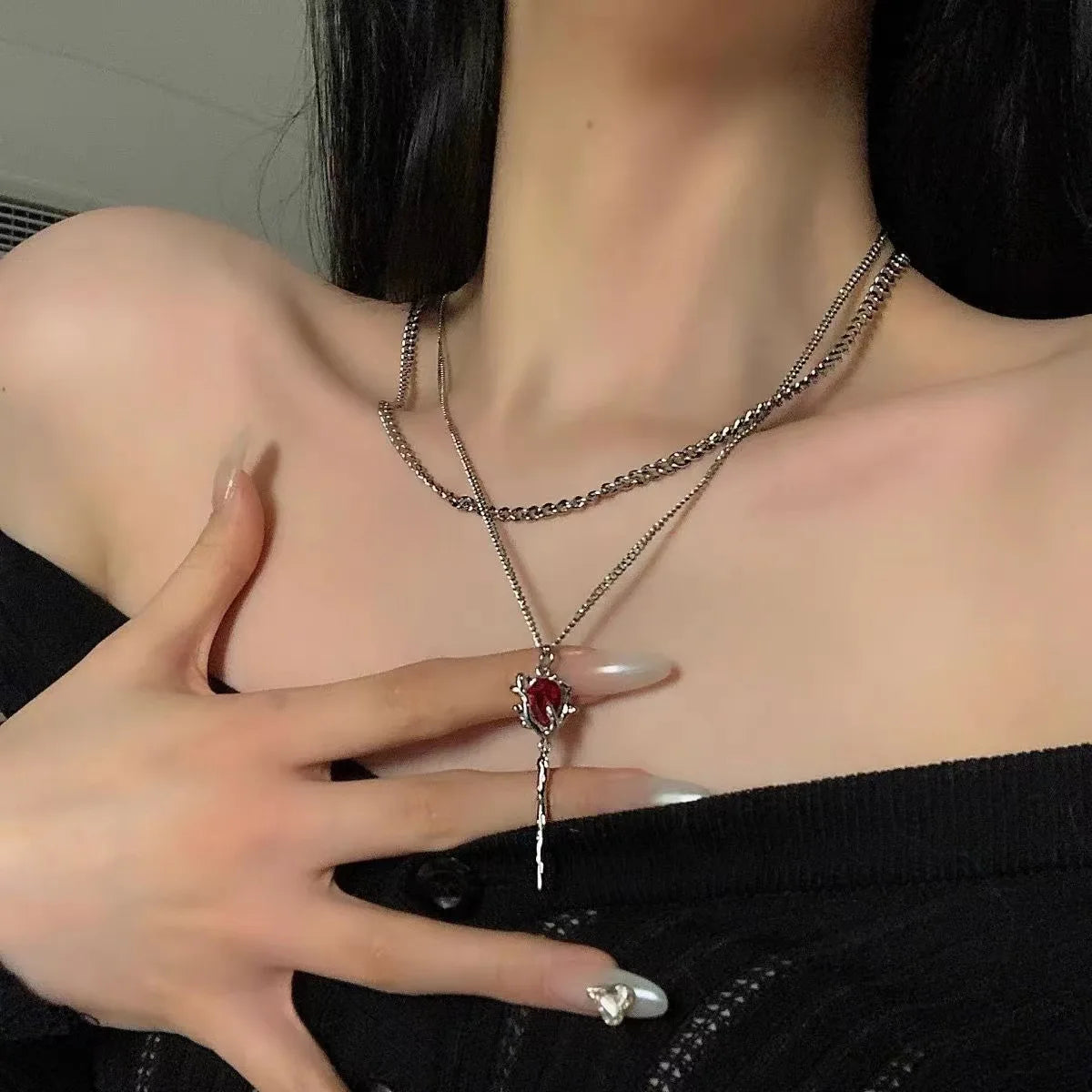 Double Layer Red Zircon Rose Pendant Necklace – Floral Aesthetic Layered Chain Jewelry