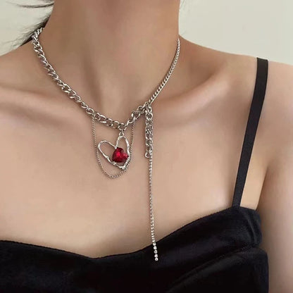 Double Layer Red Zircon Rose Pendant Necklace – Floral Aesthetic Layered Chain Jewelry